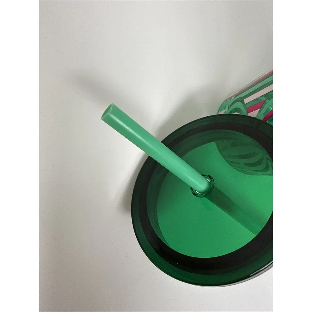 Starbucks 2024 Holiday Pink/Green Design 18oz Glass Tumbler Cold Cup New W/Straw